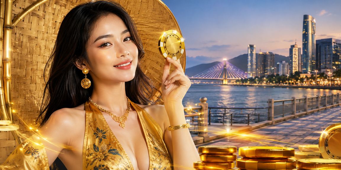 Người chơi nhận thưởng nạp tiền bên bờ biển Đà Nẵng đội nón lá truyền thống