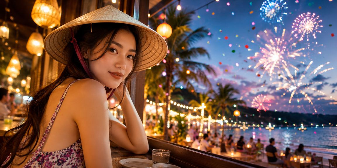 Khung cảnh Phú Quốc với người chơi casino đội nón lá truyền thống