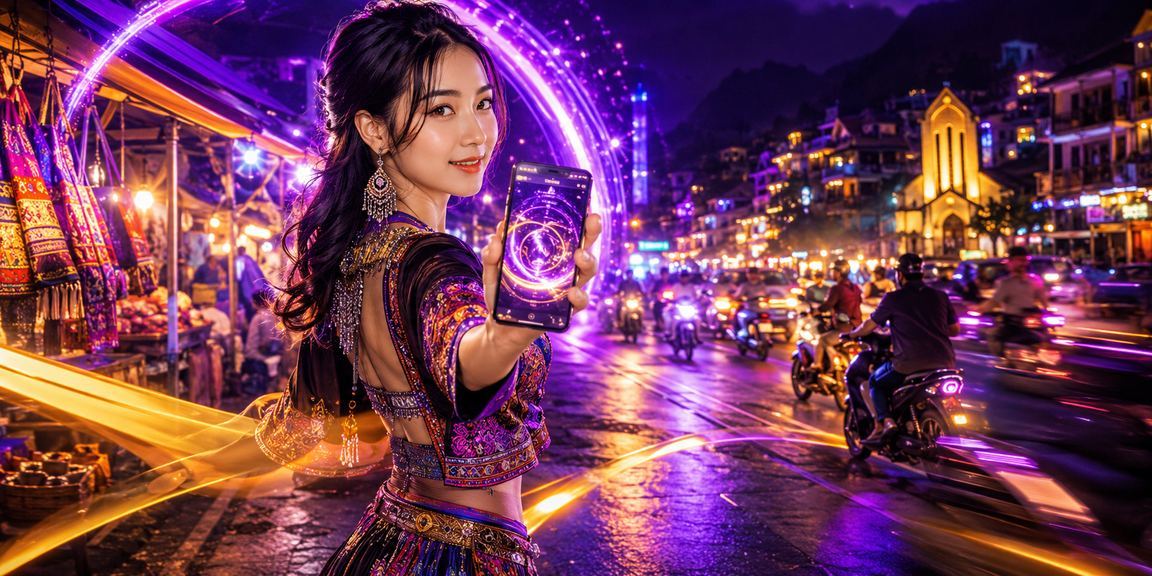Màn hình neon hiển thị ưu đãi nạp tiền thưởng tại Sapa về đêm